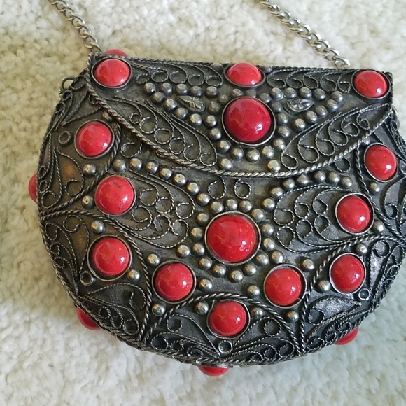 Vintage Handbags - Metal Shoulder Bag Red Stones